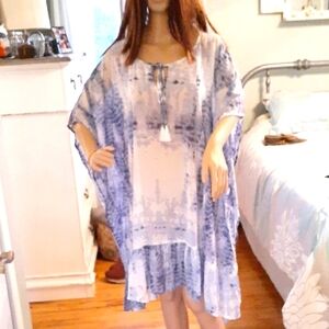 Island Blue Boho Blue Ruffle hem Flowy Tie-Dye Kaftan